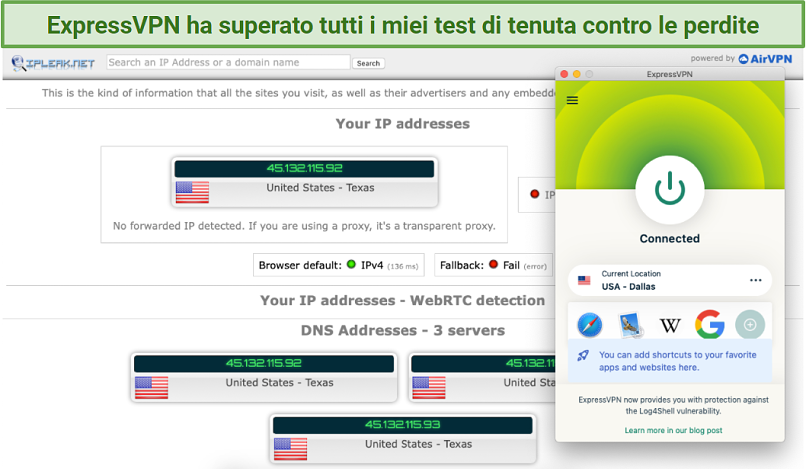 Screenshot of leak tests done on ipleak.net while connected to ExpressVPN