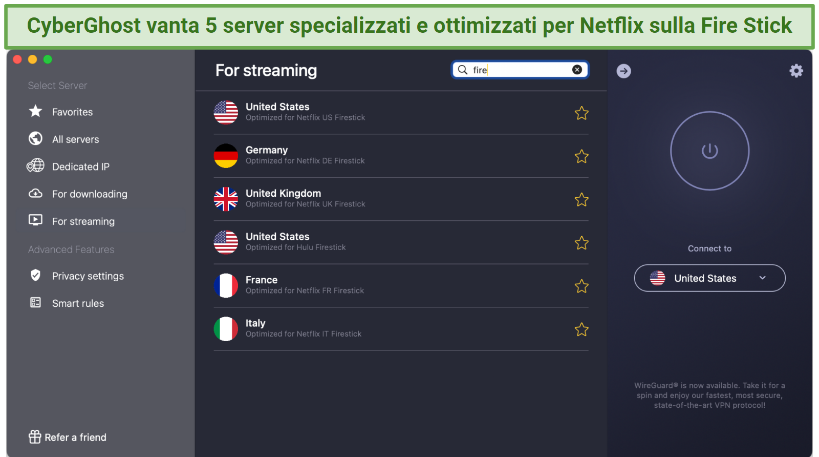 Screenshot of the Netflix for Fire Stick specialty servers on the CyberGhost app