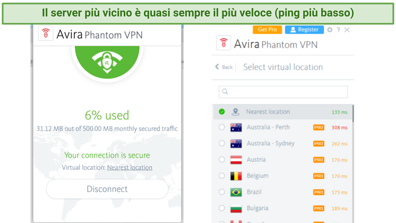 Screenshot showing the home screen and server list on Avira Phantom VPN