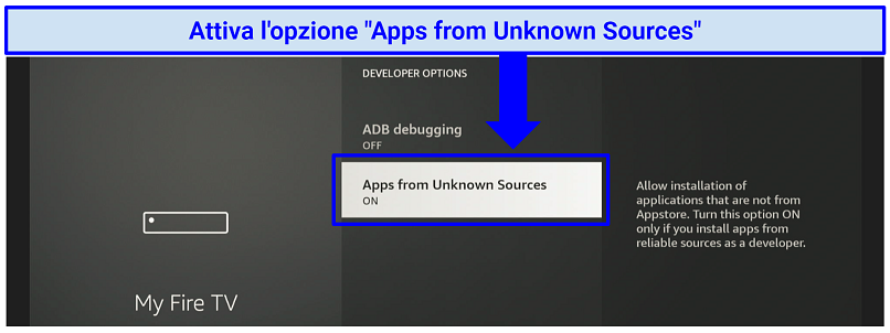 A screenshot showing you need to toggle Apps from Unknown sources to On to install apps not available on the Amazon Appstore