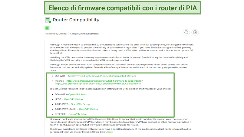 Screenshot of PIA's router compatibility on its website