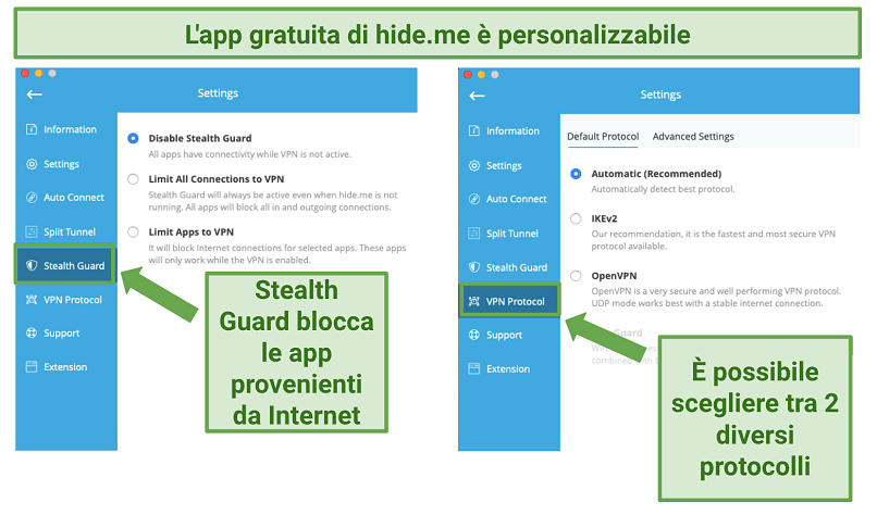Screenshot of hideme's security features