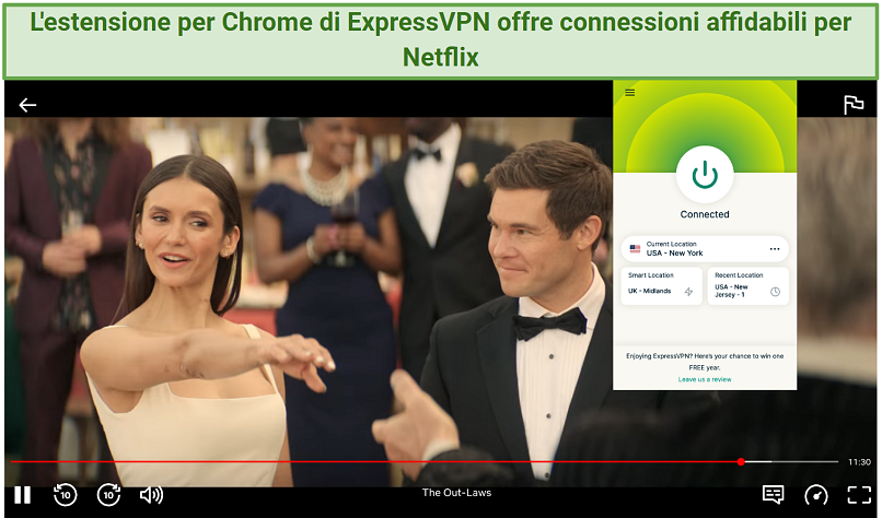 A screenshot of Netflix playing on a Chrome browser with the ExpressVPN extension connected to a server in New York