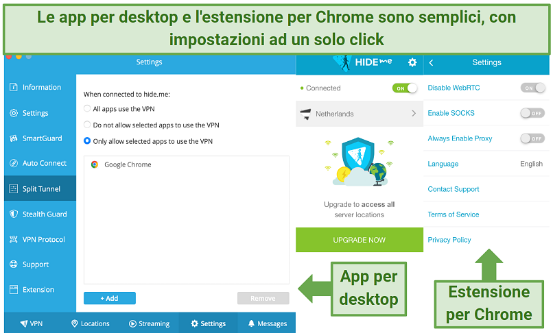 A screenshot showing the similarities between hideme's desktop app and Chrome extension