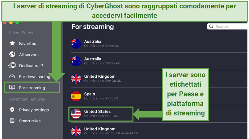 Screenshot showing CyberGhost's streaming-optimized servers