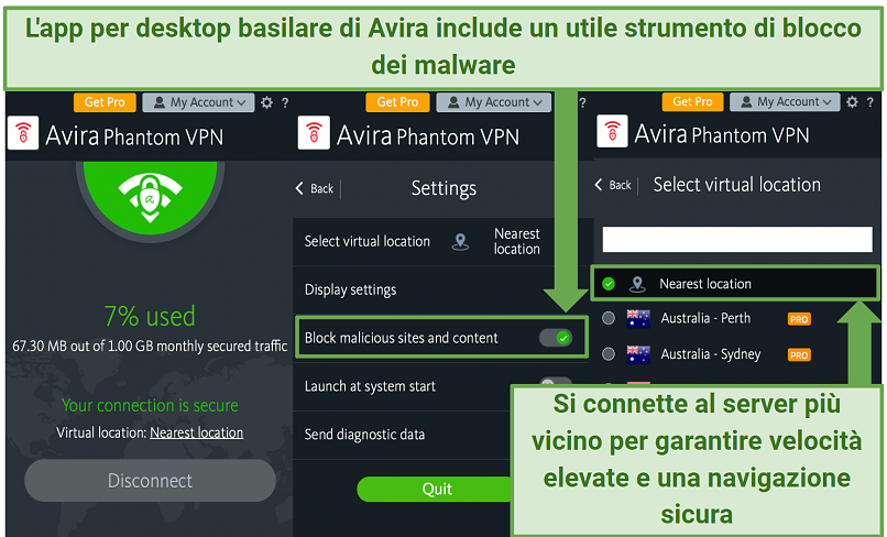 Screenshot of the Avira Phantom home screen, Settings menu, and server list