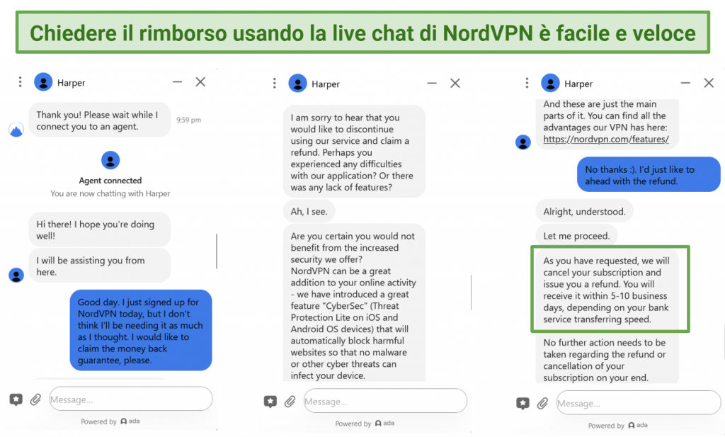 A screenshot of a conversation with NordVPN's live chat showing the refund process.