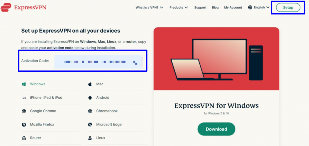 Screenshot showing where to find activation code on ExpressVPN website