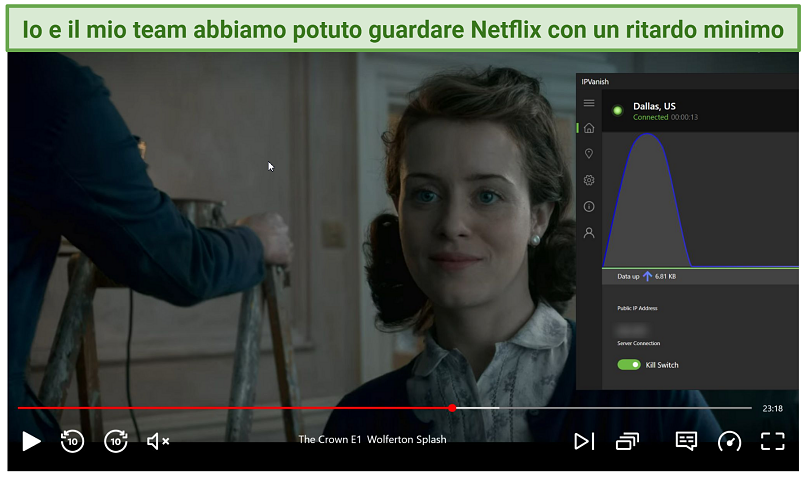 Screenshot of Netflix player streaming The Crown while connected to IPVanish's Dallas server