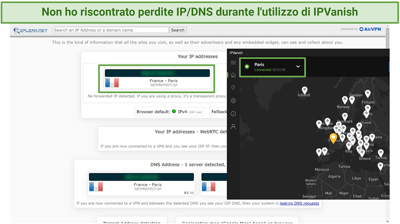 Screenshot of IPVanish passing IP/DNS leak test on French server