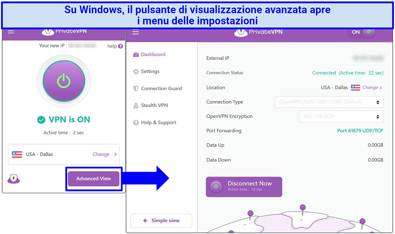 Screenshot of the PrivateVPN Windows app highlighting where the find the settings