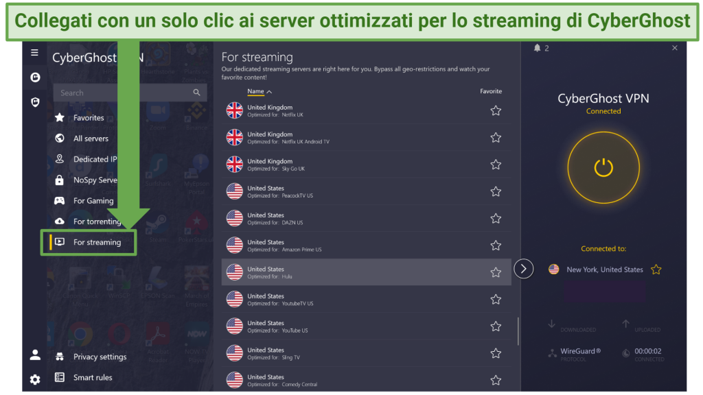 screenshot of CyberGhost's streaming optimized servers in the Windows app