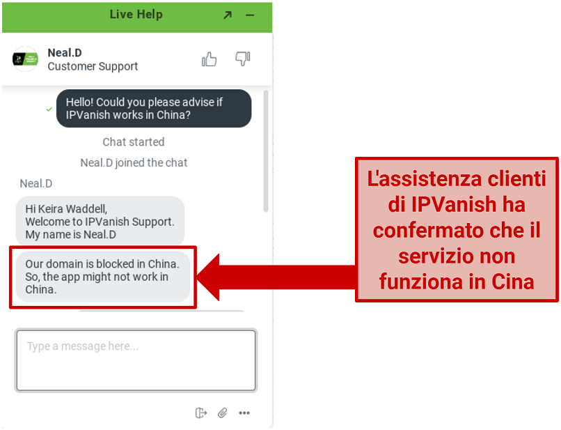 Screenshot of conversation with IPVanish chat support confirming the VPN does not work in China