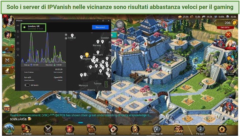 Screenshot of gaming with IPVanish on London server