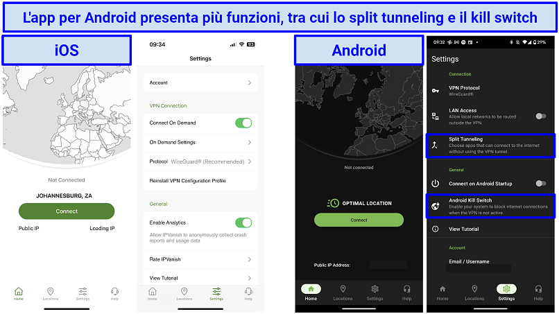 Screenshot of IPVanish's Android and iOS applications