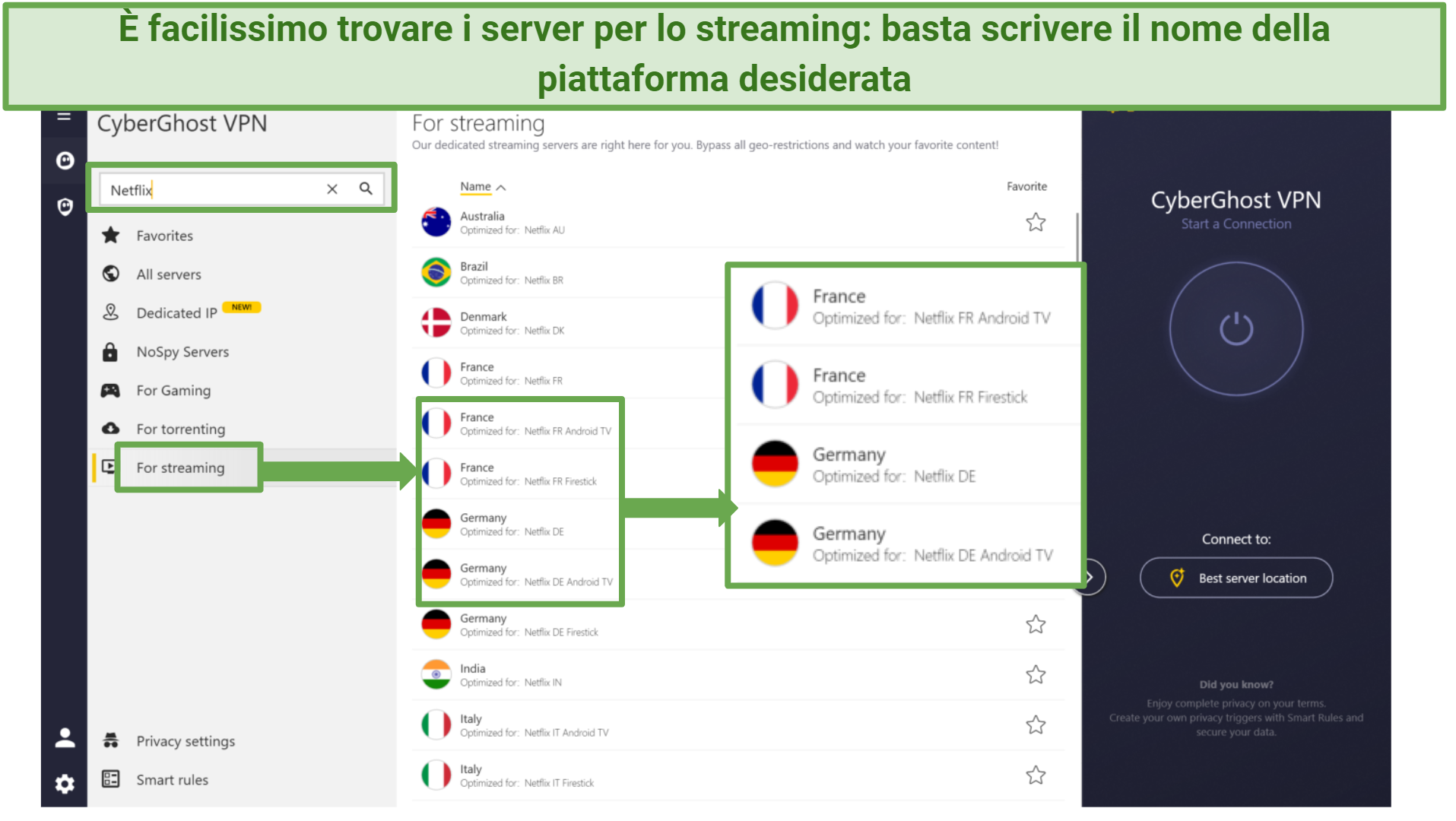 Screenshot showing easy to find streaming servers using CyberGhost app