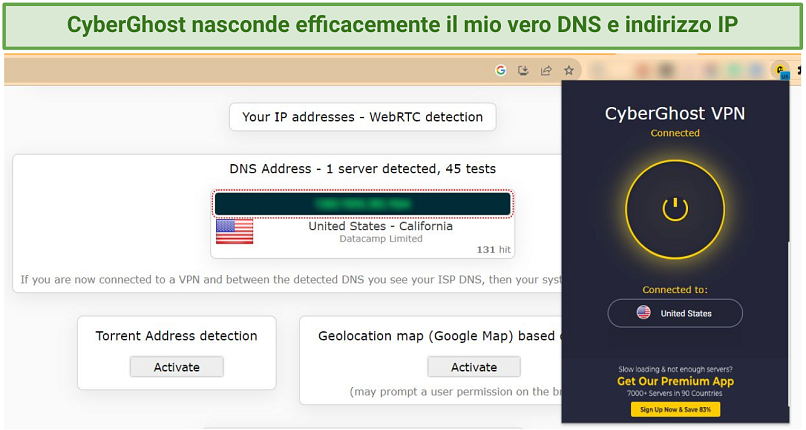 Screenshot of a DNS/IP leak test while connected to CyberGhost free proxy extension