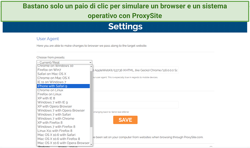 Screenshot of ProxySite settings with custom presets for browsers and operating systems