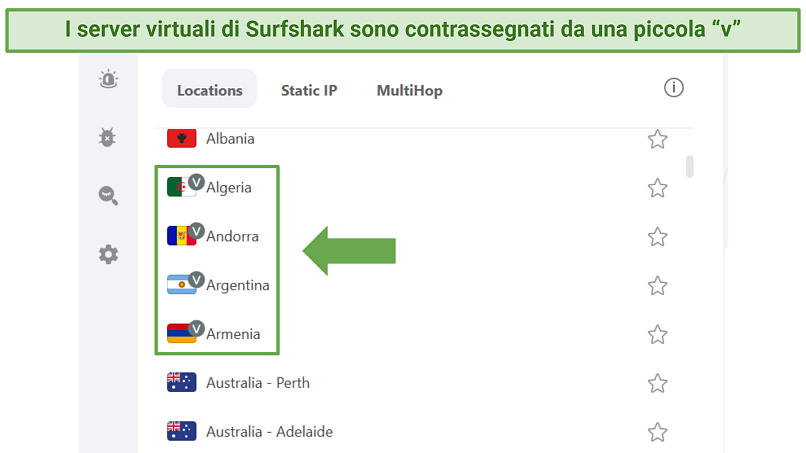 Screenshot of Surfshark's app showing virtual servers