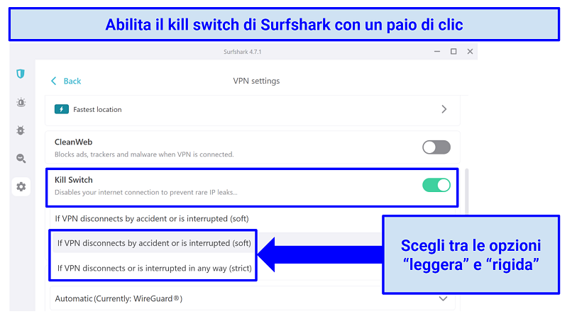 Screenshots showing how to enable Surfshark's soft or strict kill switch