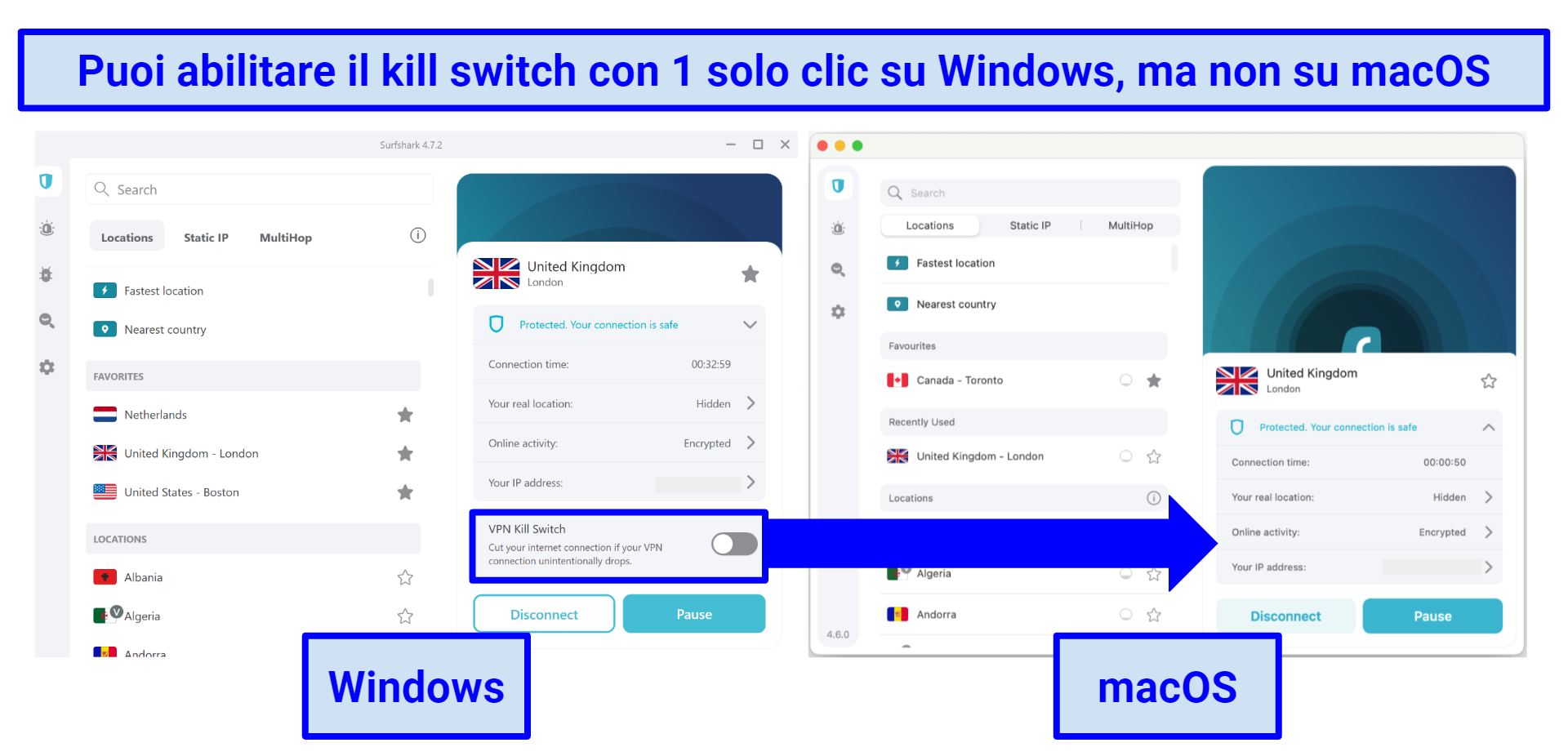 Screenshots comparing Surshark's Windows and macOS apps