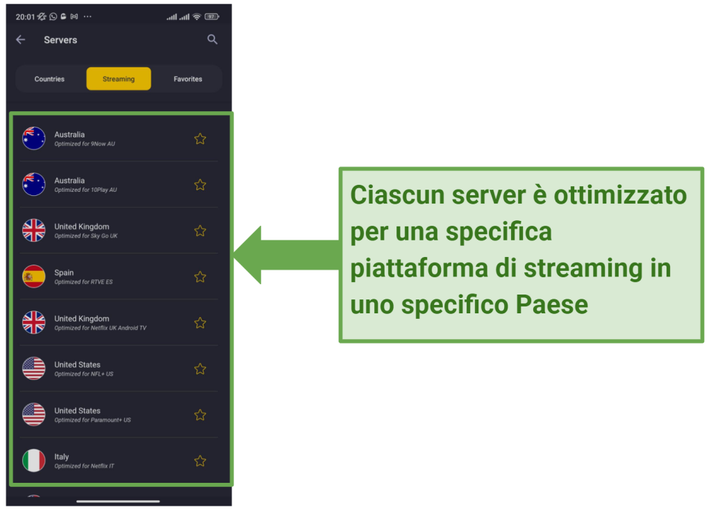 Screenshot of CyberGhost's Android app showing its streaming-optimized servers