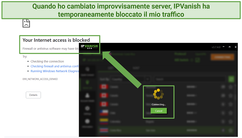 Browser window showing the internet connection being blocked by IPVanish's kill switch, while the VPN reconnects