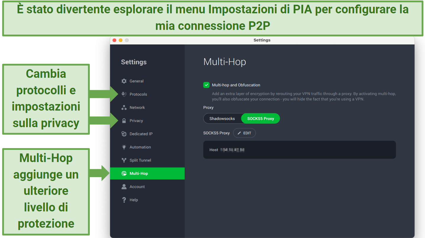 Screenshots of the PIA Settings menu with Multi-Hop selected