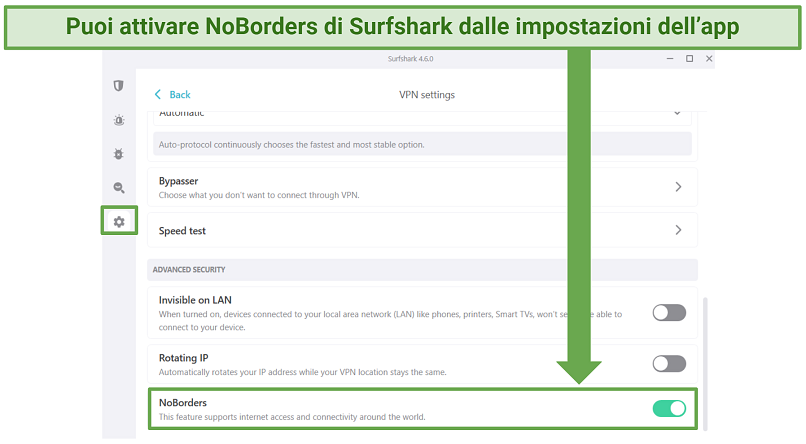 screenshot showing how to enable Surfshark's NoBorders feature on its Windows app