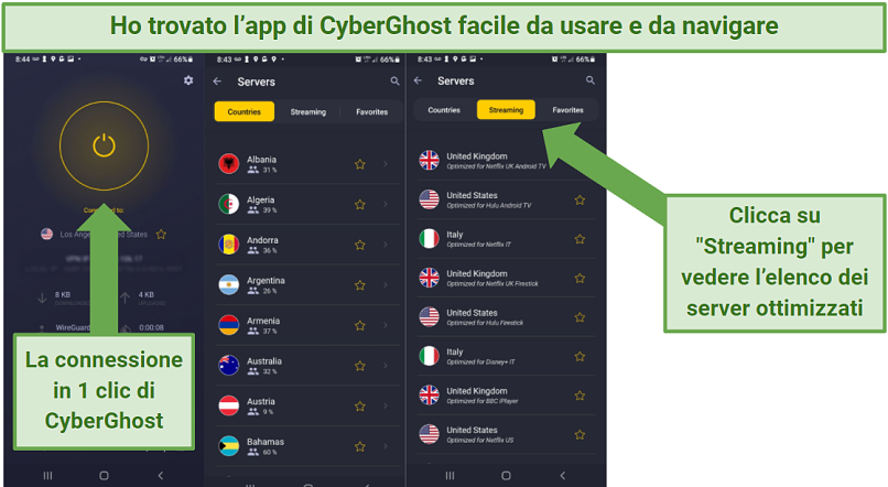 Screenshot of Cyberghost's Android app, indicating where to find its list of optimized servers and where to click 