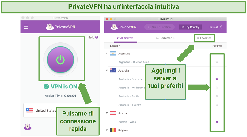 Screenshot showing the user interface of PrivateVPN on Mac