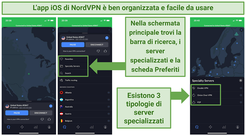 Screenshots of NordVPN's iOS app showing its main screen and the specialty servers