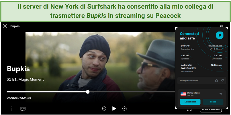 Screenshot of Surfshark streaming Bupkis connected to a New York server