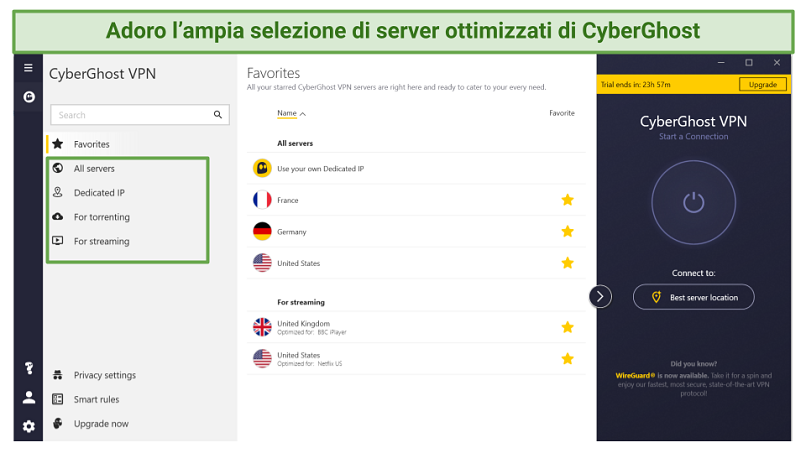 Screenshot of CyberGhost's server network highlighting the optimized server categories