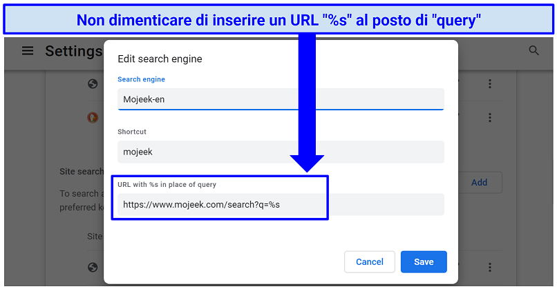 A screenshot showing the details to enter to add a new search engine in Chrome