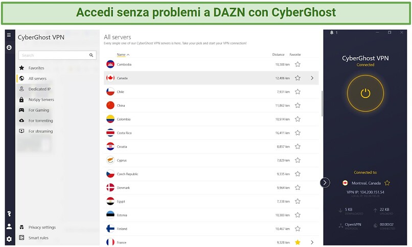 Screenshot of CyberGhost's beginner-friendly interface for unblocking DAZN