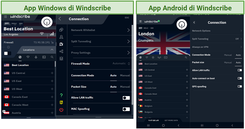 Screenshot of Windscribe's Windows and Android apps 