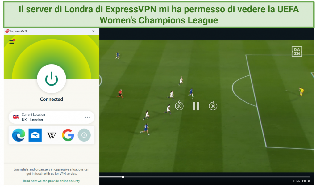 streaming UEFA Women't Champions League on DAZN using ExpressVPN's London server