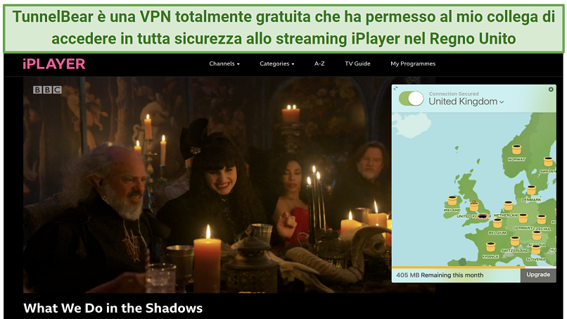 Screenshot of What We Do In The Shadows streaming on iPlayer under the TunnelBear app connected to a UK server