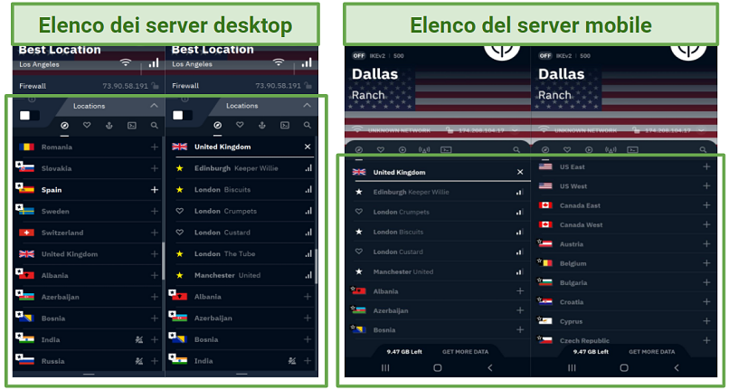 Screenshots of server lists on Windscribe's desktop and Android Apps