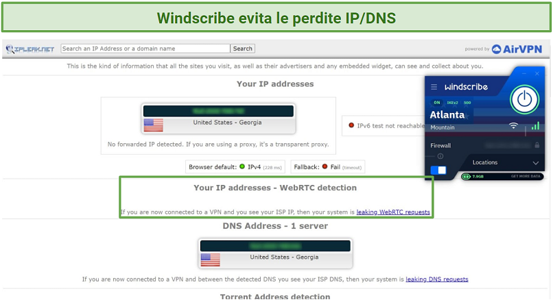 A screenshot showing how Windscribe managed to pass an IP leak test successfully
