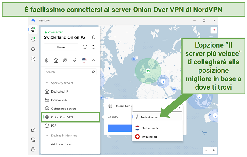 Screenshot of NordVPN's Windows app showing Onion Over VPN servers