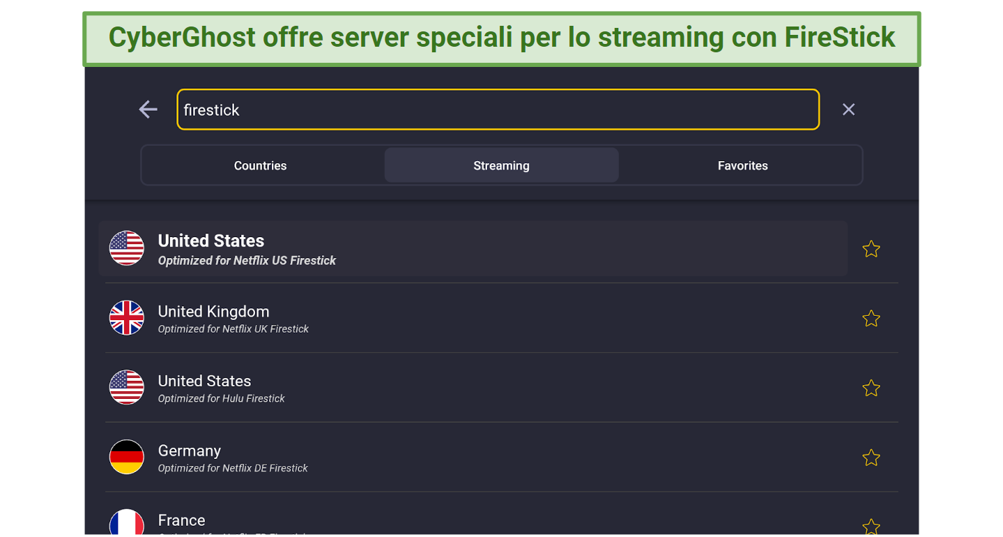 A screenshot of CyberGhost's streaming-optimized servers on its FireStick app