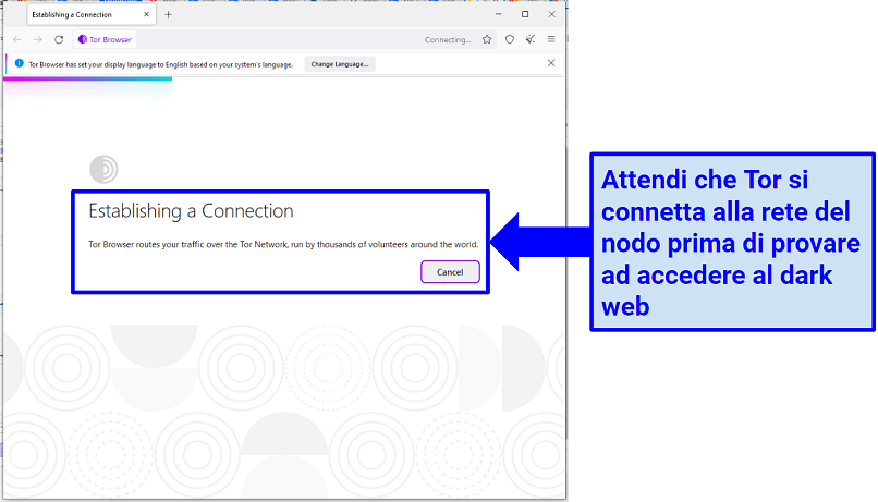 Screenshot che mostra l'interfaccia di Tor mentre stabilisce una connessione alla rete