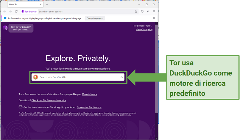 Screenshot della home page del browser Tor che mostra DuckDuckGo come motore di ricerca predefinito