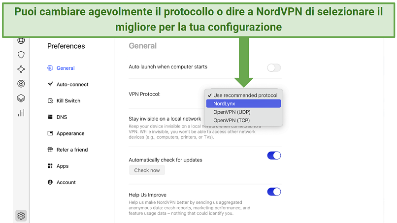 Screenshot showing how to toggle protocols in NordVPN's Settings panel