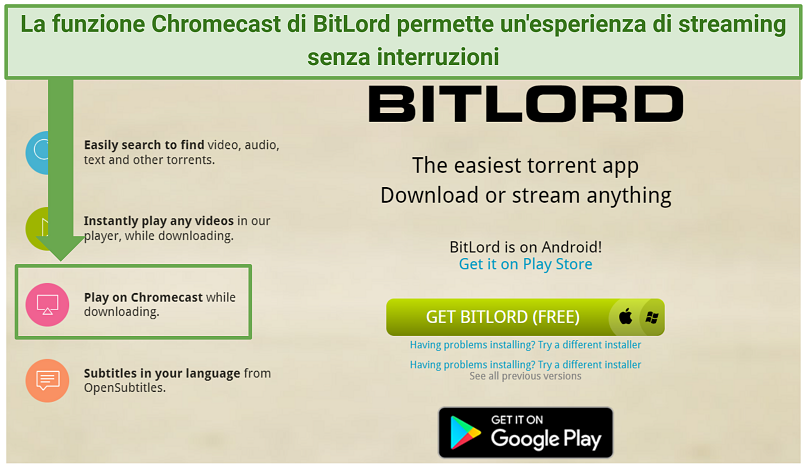 Uno screenshot mostra la funzione Play on Chromecast di BitLord