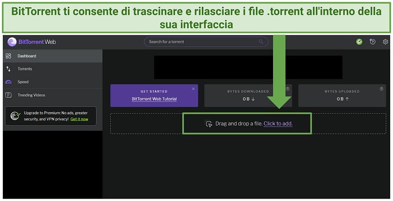 Uno screenshot che mostra la versione web di BitTorrent con la funzionalità di trascinamento integrata.