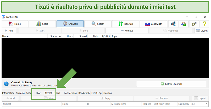 Una schermata che mostra che Tixati offre un'esperienza torrent senza pubblicità