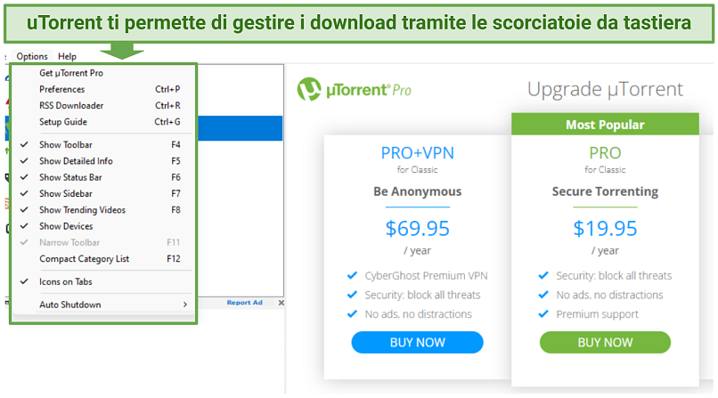 Uno screenshot che mostra come uTorrent supporta diverse scorciatoie da tastiera